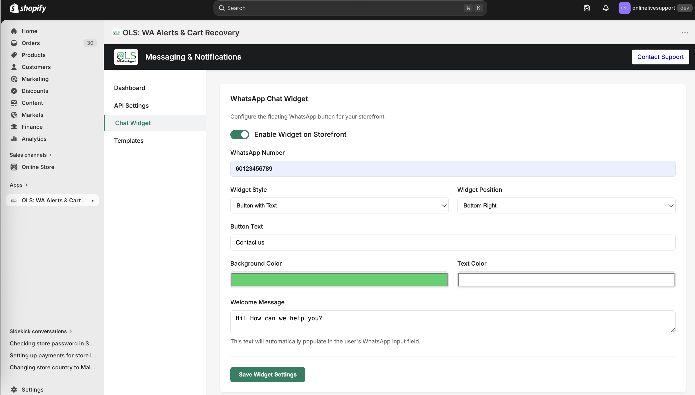 Shopify Dashboard Settings - Customize Button and Greeting